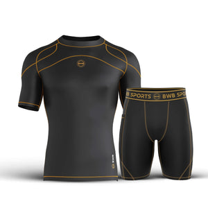 Men's Black / Orange Short Sleeve Baselayer Compression Shirt & Shorts Set
