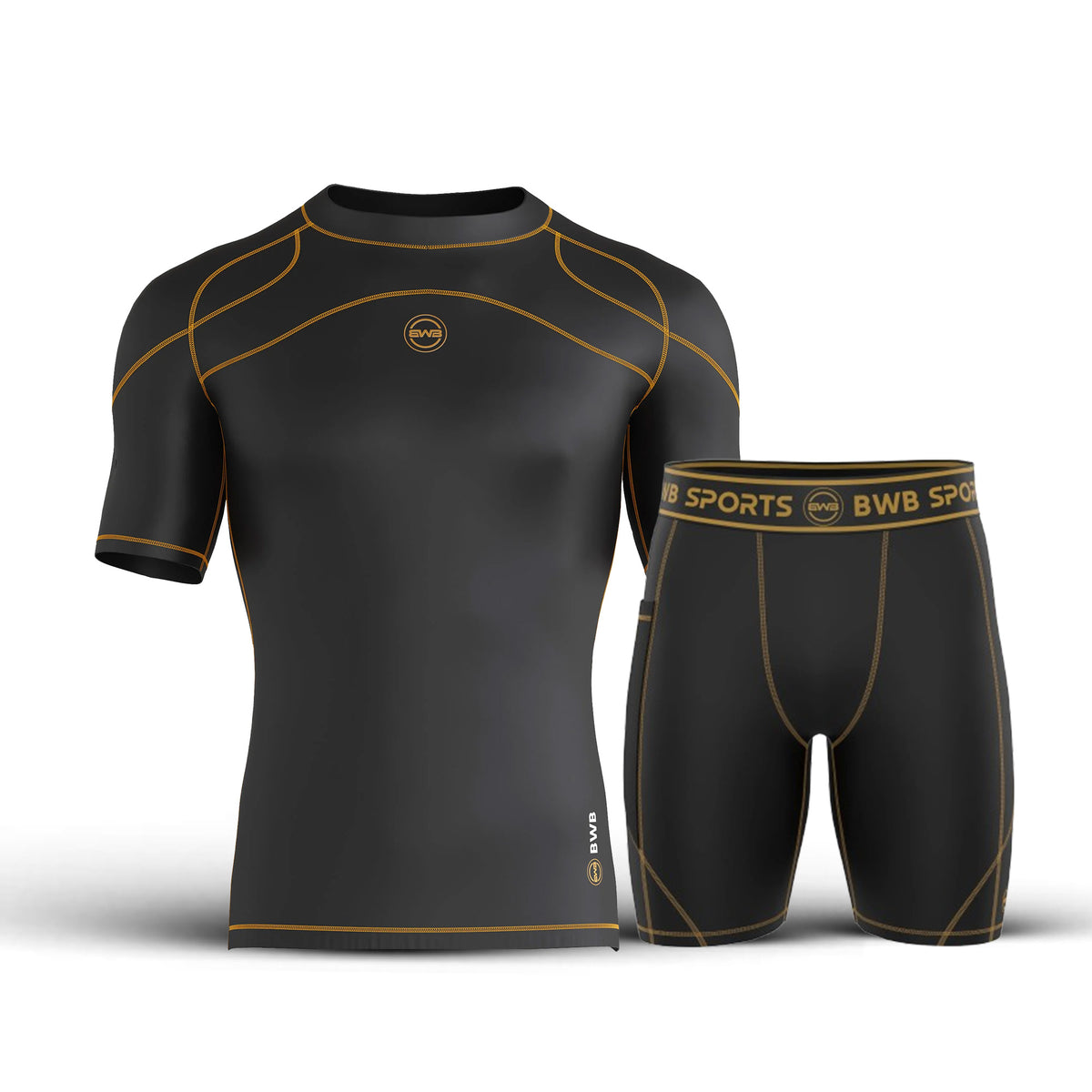 Men's Black / Orange Short Sleeve Baselayer Compression Shirt & Shorts Set