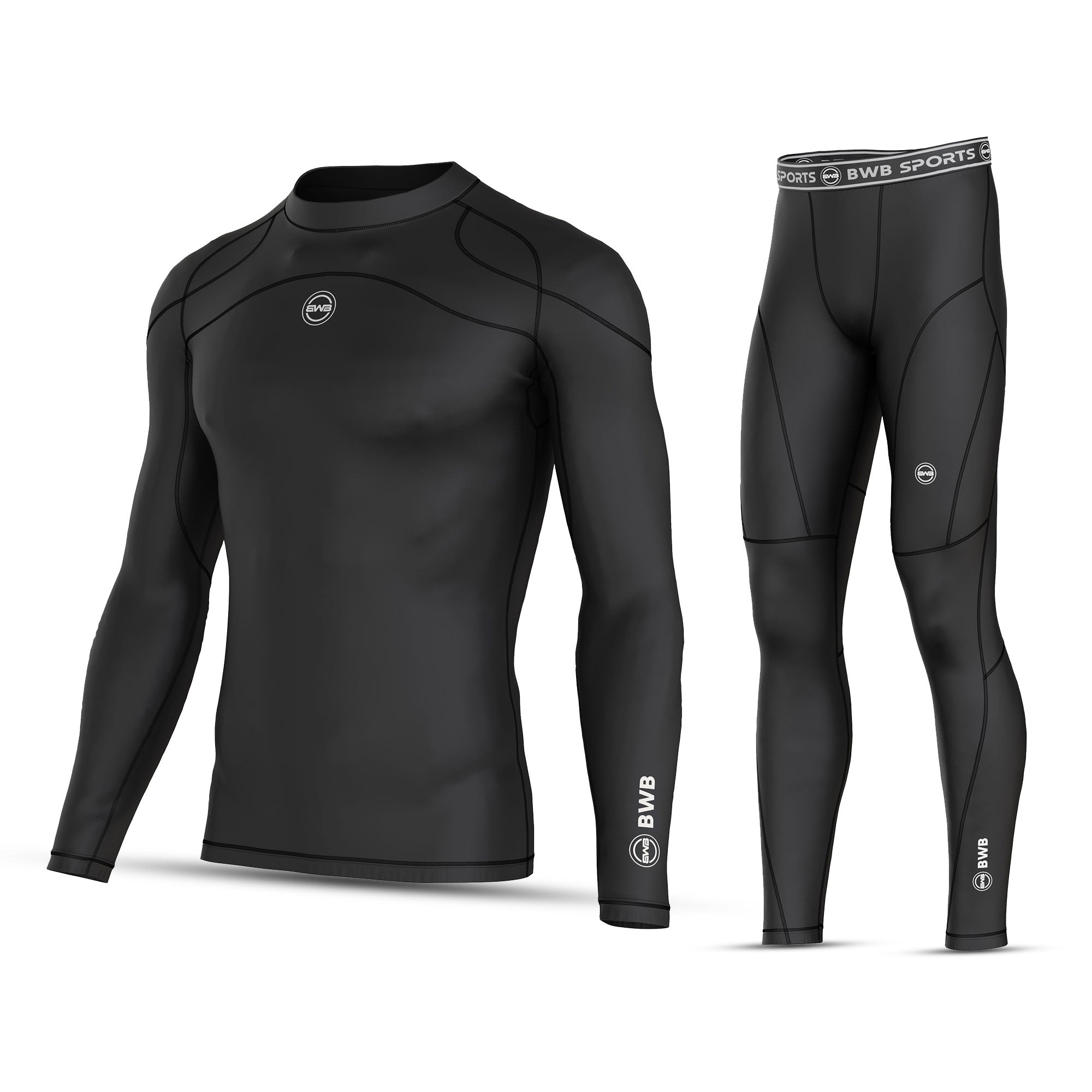 Men Compression Set Men's Black Long Sleeve Baselayer Compression Shirt & Leggings Set ...