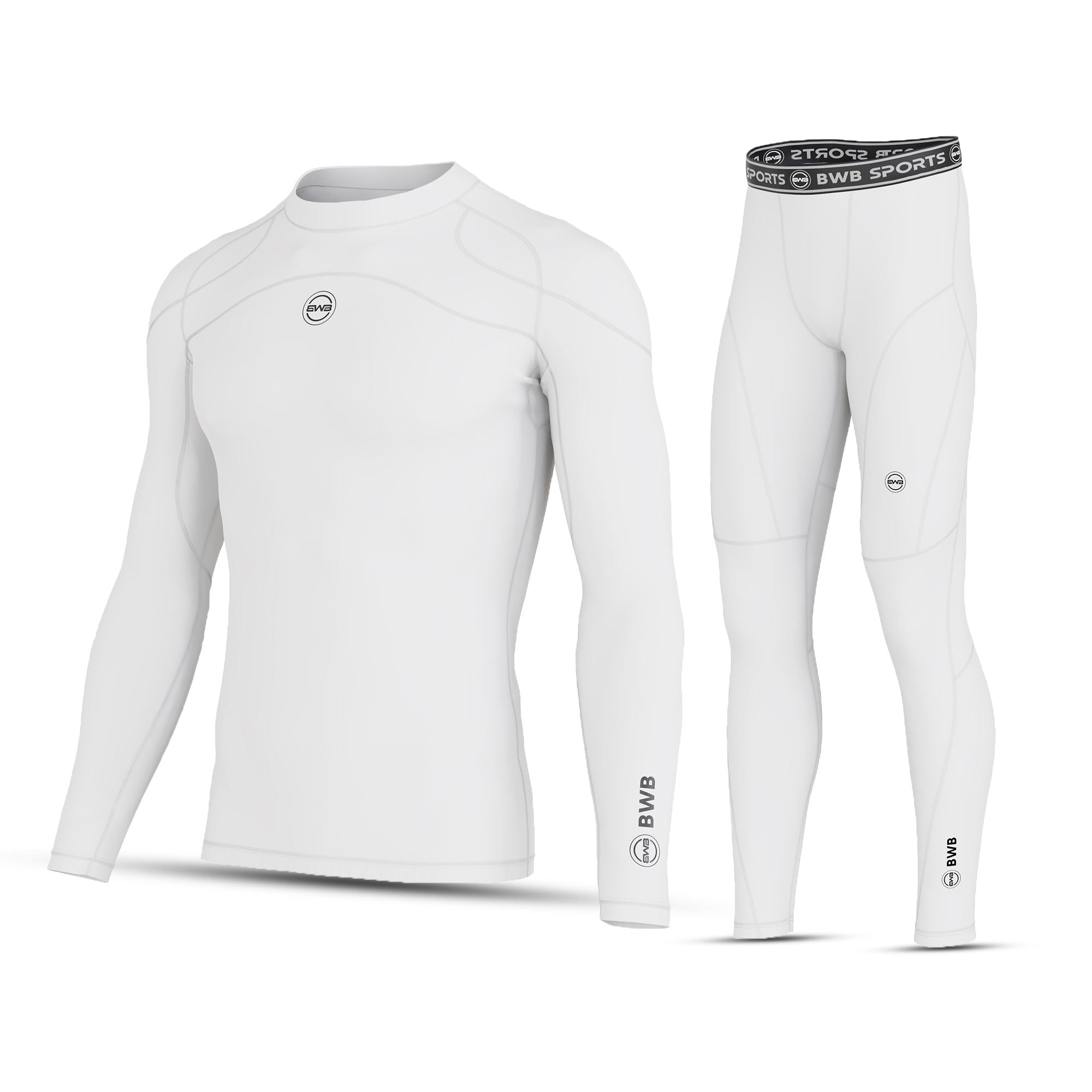 BWB Men's White Long Sleeve Baselayer Compression Shirt & Leggings Set