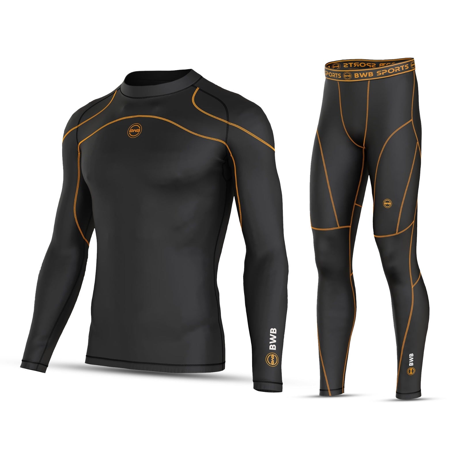 Men's Black / Orange Long Sleeve Baselayer Compression Shirt & Leggings Set